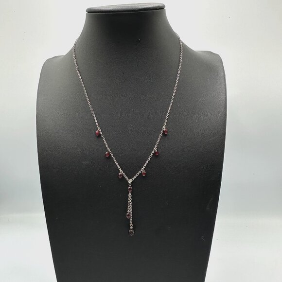 Sterling Silver Y Necklace Garnet Beads Dangle Drop Chain Delicate Jewelry - Picture 2 of 10